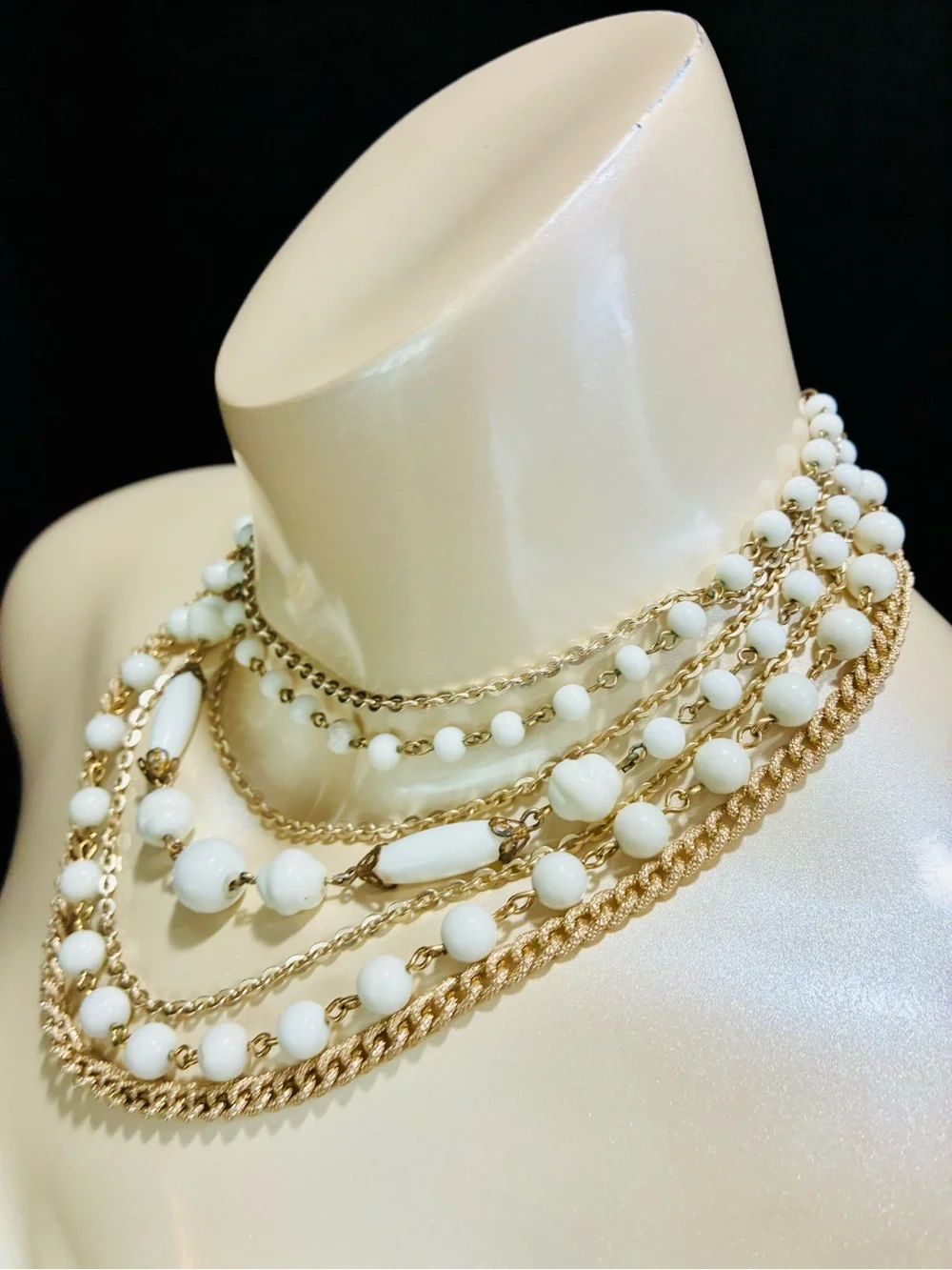 Signed Multi-Strand White Bead and Gold Chain Statement Necklace MCM Retro EUC